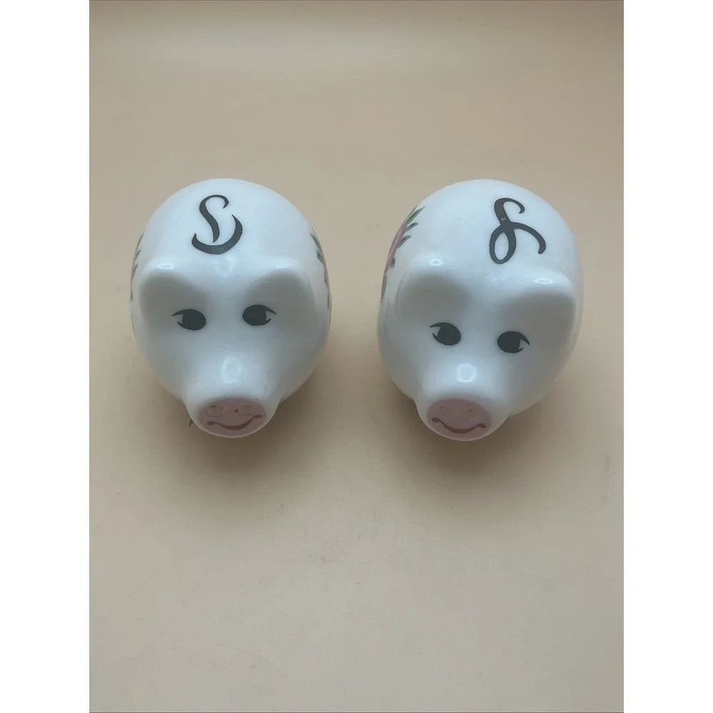 Vintage Pig Salt & Pepper‎ Shakers with Calligraphy Letters, Flowers.